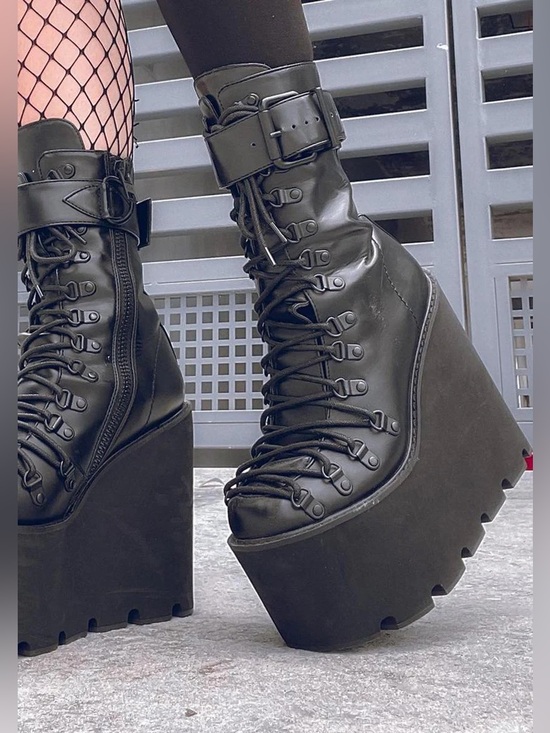 Current Mood Shoes - Current Mood | Traitor Black Platform Lace-Up Wedge Combat Boots | NIB | 9
